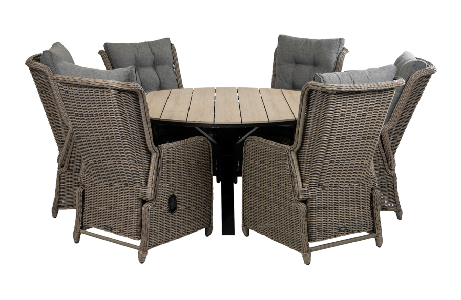 7-delige ronde tuinset | 6 Dublin verstelbare stoelen (SW) | ⌀150cm Cyprus tuintafel (Wood)