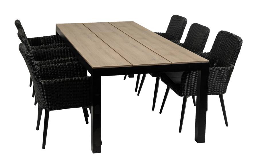7-delige tuinset | 6 Pisa stoelen (Black) | 225cm Cyprus tuintafel (Wood)
