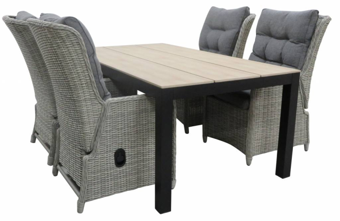 5 delige tuinset-4 Dublin verstelbare tuinstoelen-Mystic Grey-cyprus tuintafel-wood kleur tuintafel-wicker-aluminium frame