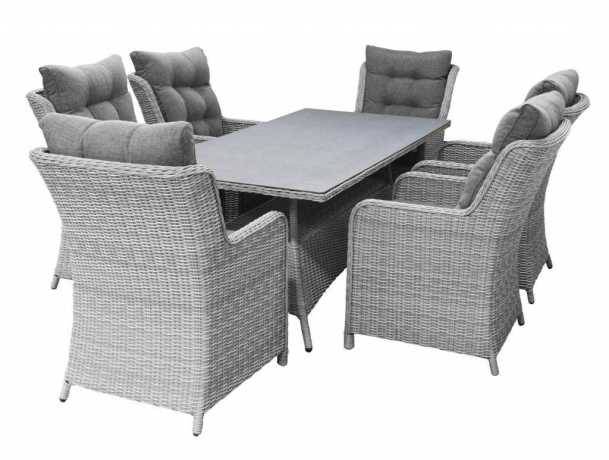 7 delige tuinset-6 Dublin tuinstoelen-Mystic grey-tuintafel met keramieken plaat-wicker-aluminium frame