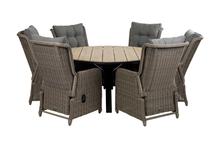 Dublin ronde tuinset-7 delige tuinset-verstelbare tuinstoel-Sweet Brown-polywood tuintafel-wicker vlechtwerk-aluminium frame