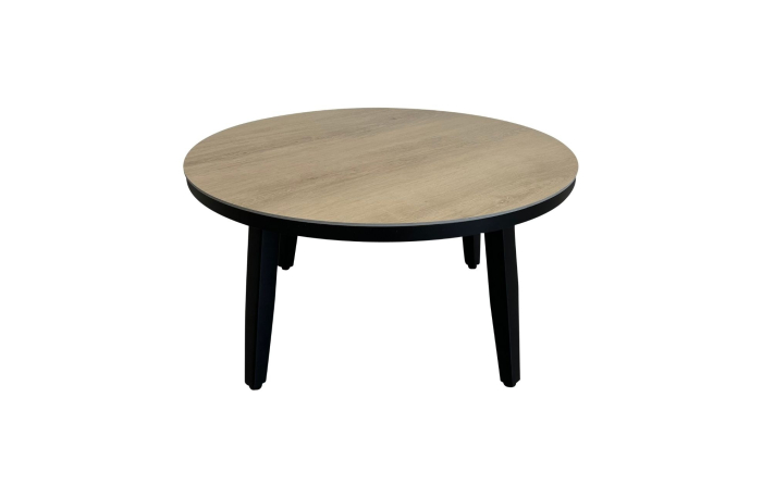 Mykonos ronde bijzettafel hout zwart 90cm - ronde houtlook bijzettafels kunststof - 4 Seizoenen Tuinmeubelen