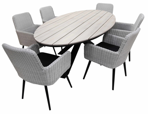Pisa dining tuinset-7 delige tuinset-Pisa tuinstoel white-aluminium frame-rond wicker vlechtwerk-black zitkussen