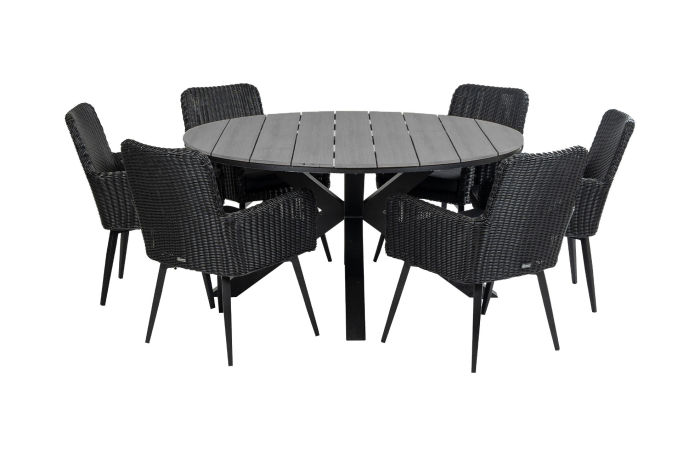 Pisa tuinset-7 delige tuinset-Pisa tuinstoel-black-polywood tuintafel-wood kleur-wicker vlechtwerk-aluminium frame