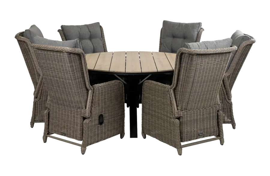 7-delige ronde tuinset | 6 Dublin verstelbare stoelen (SW) | ⌀150cm Cyprus tuintafel (Wood)
