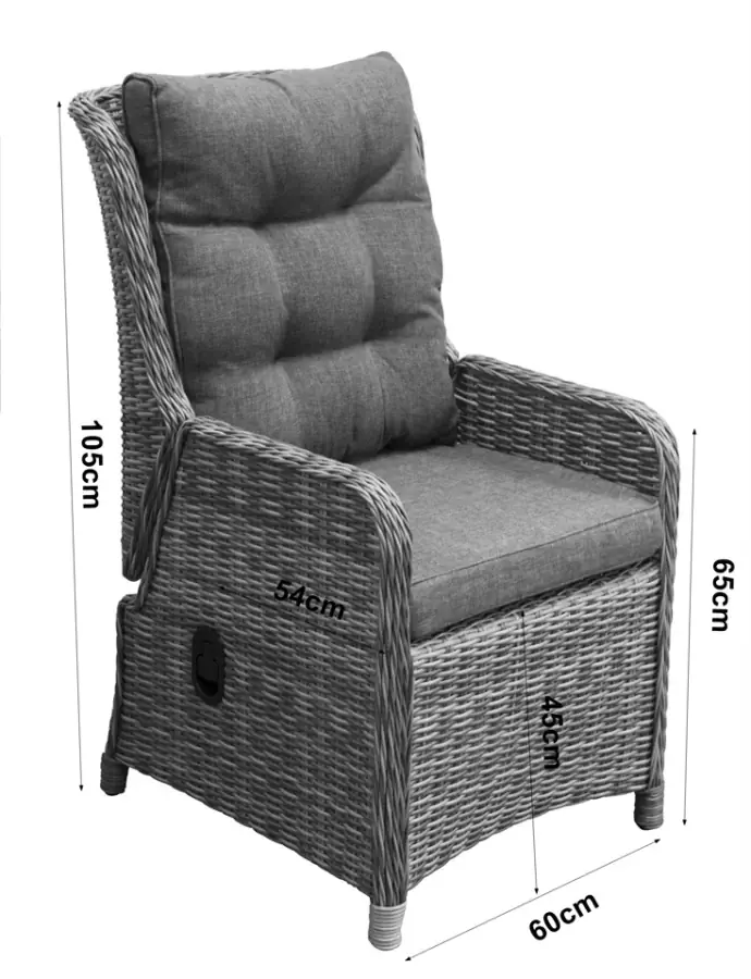 Dublin verstelbare lounge dining stoel-Ash Grey-aluminium frame-wicker-grey lounge kussen-afmetingen