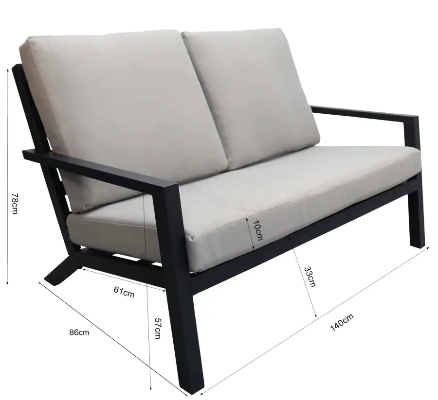 Loungebank Bezano-2-persoons-Matt Black/Off White-Aluminium-afmetingen