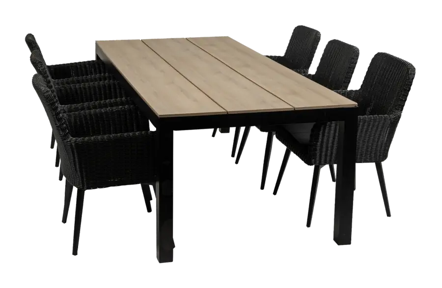 7-delige tuinset | 6 Pisa stoelen (Black) | 225cm Cyprus tuintafel (Wood)