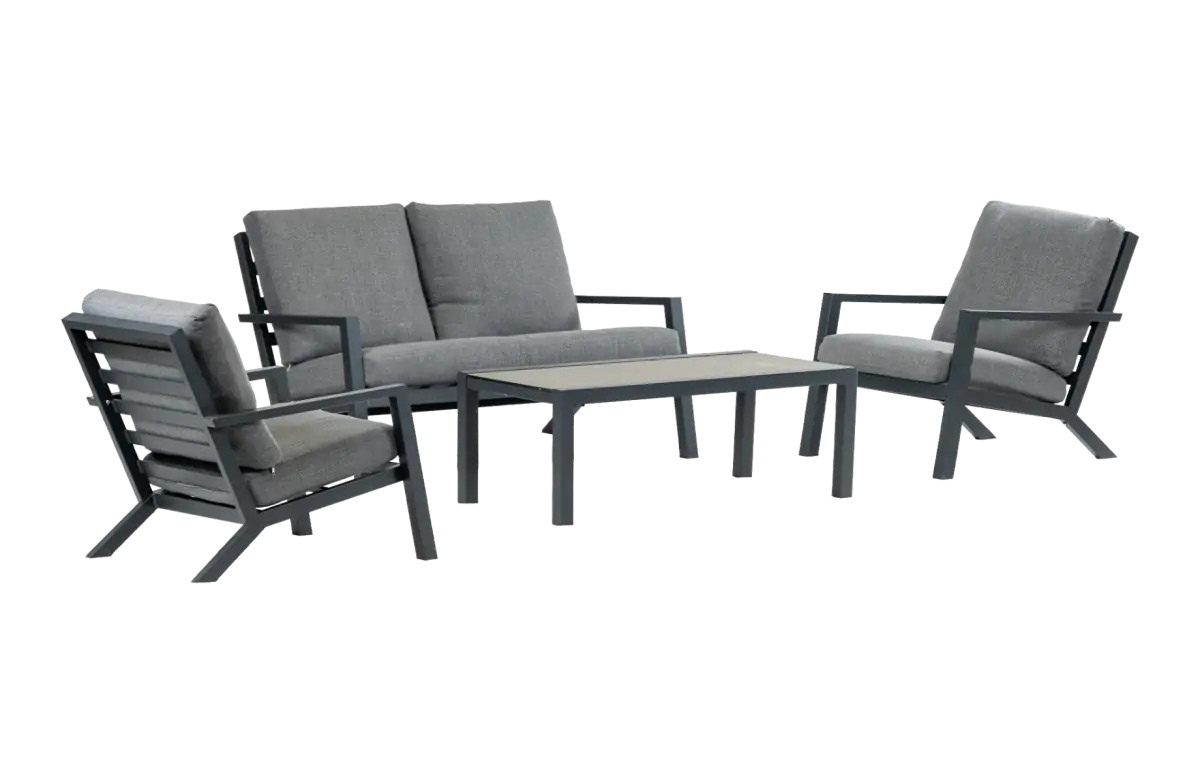 Stoel-bank Loungeset Bezano | met 2-persoonsbank | Matt Black/Grey |  Aluminium