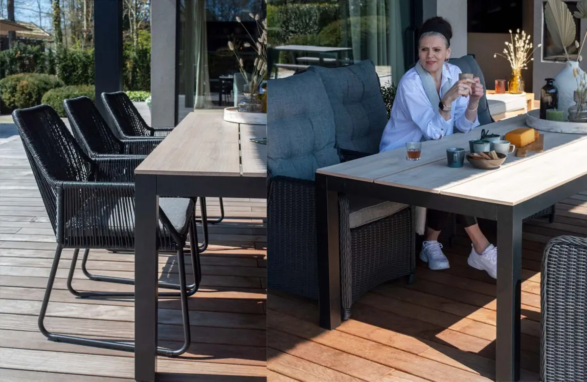 5-delige tuinset | 4 Pisa stoelen (White) | 180cm Cyprus tuintafel (Wood)