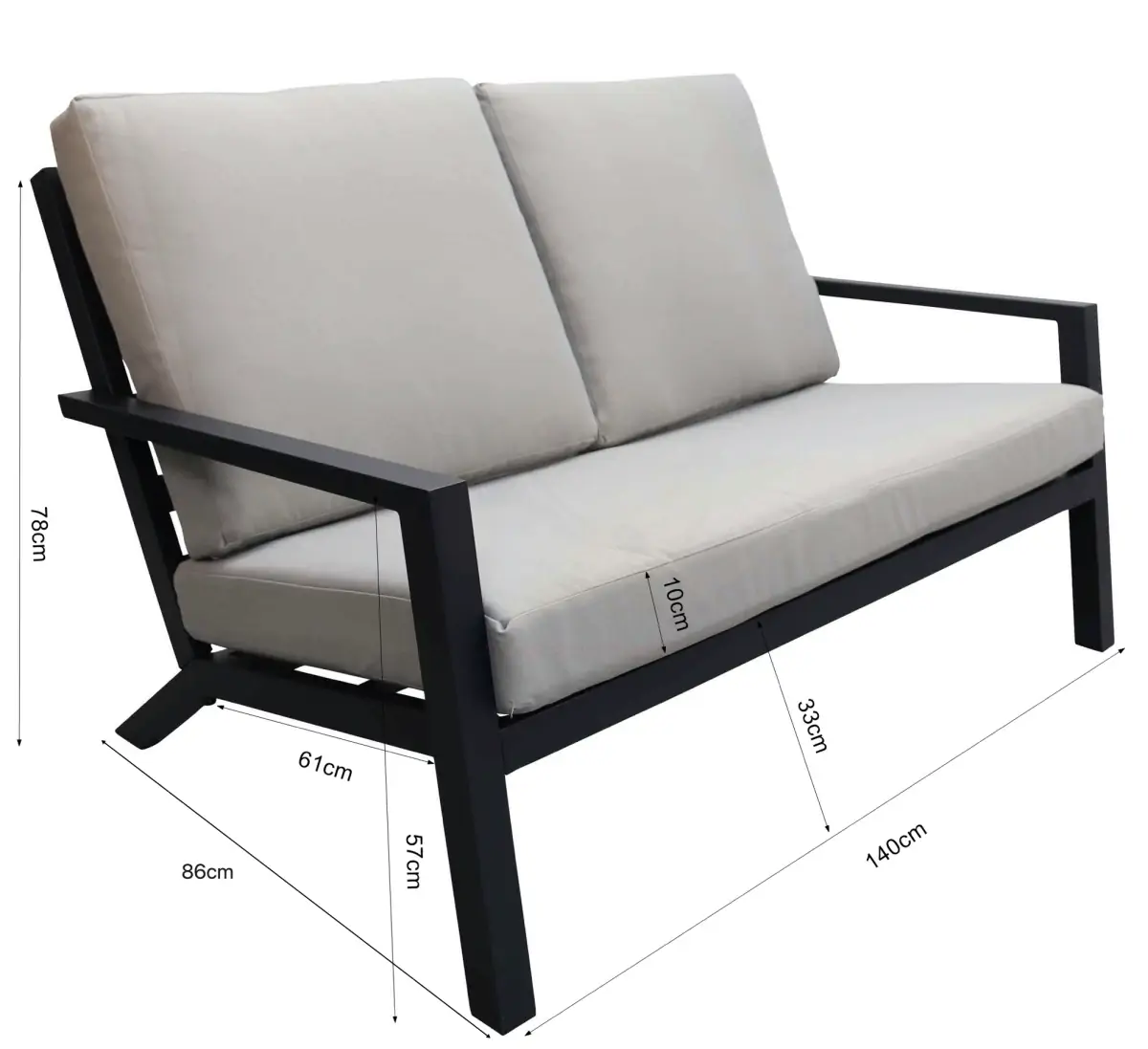 Loungebank Bezano-2-persoons-Matt Black/Off White-Aluminium-afmetingen