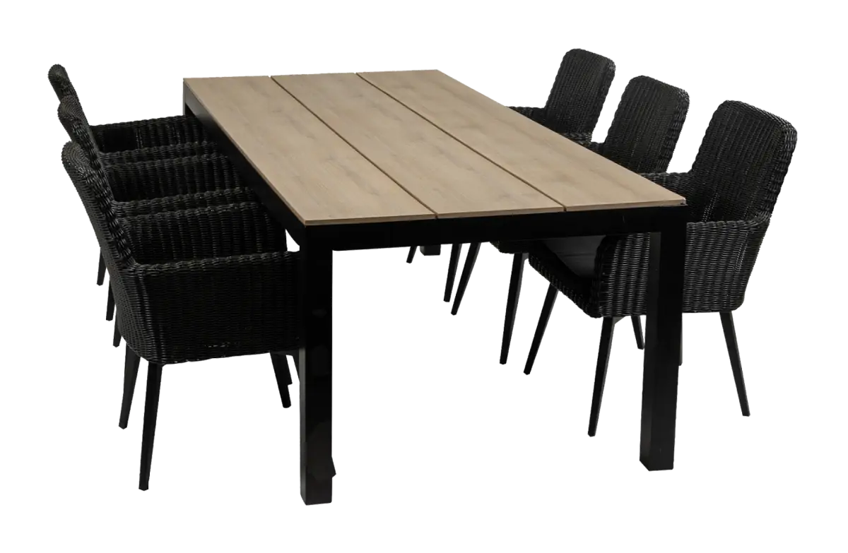 7-delige tuinset | 6 Pisa stoelen (Black) | 225cm Cyprus tuintafel (Wood)