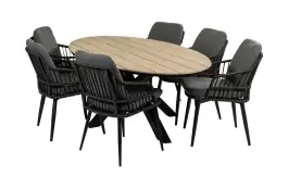 7-delige tuinset | 6 Isabel tuinstoelen (Black) | 220 cm ovale Cyprus tuintafel (Wood)