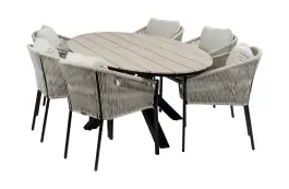 7-delige tuinset | 6 Elvira tuinstoelen (Black) | Tuintafel Cyprus 220x115cm (Wood)