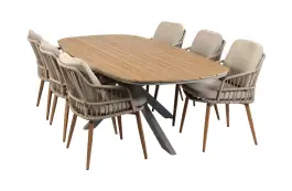 7-delige tuinset | 6 Isabel tuinstoelen (Sand/Wood) | Tuintafel Cadiz 240x115cm (Camel)