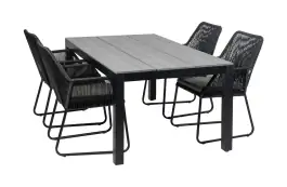 5-delige tuinset | 4 Mona tuinstoelen (Black) | 180cm Cyprus tuintafel (Grey)