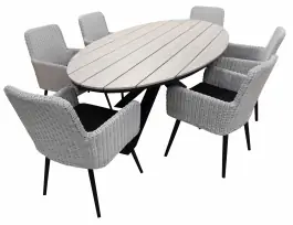 7-delige tuinset | 6 Pisa tuinstoelen (White) | 220cm ovale Cyprus tuintafel (Wood)