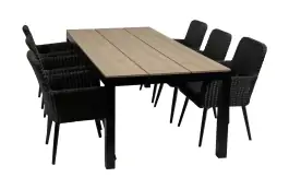 7-delige tuinset | 6 Pisa stoelen (Black) | 225cm Cyprus tuintafel (Wood)