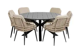 7-delige ronde tuinset | 6 Isabel tuinstoelen (Sand) | ø150cm Cyprus tuintafel (Grey)
