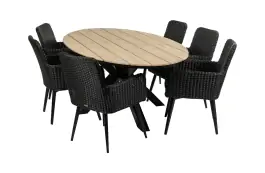 7-delige tuinset | 6 Pisa tuinstoelen (Black) | 220cm ovale Cyprus tuintafel (Wood)