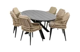 7-delige tuinset | 6 Isabel stoelen (Sand) | 220cm ovale Cyprus tuintafel (Grey)