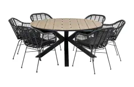 7-delige ronde tuinset | 6 Oslo dining tuinstoelen (Black) | ⌀ 150cm Cyprus tuintafel (Wood)
