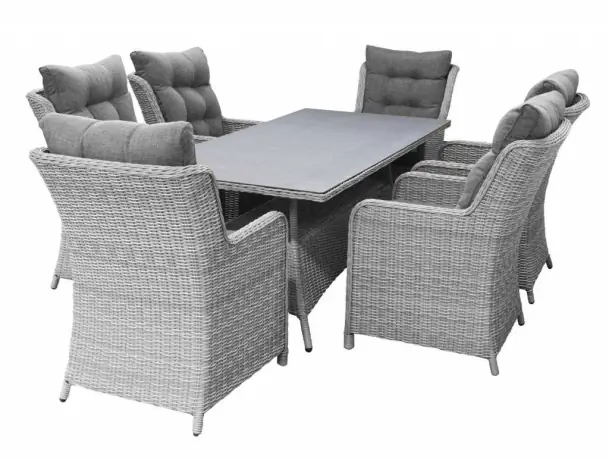 7 delige tuinset-6 Dublin tuinstoelen-Mystic grey-tuintafel met keramieken plaat-wicker-aluminium frame