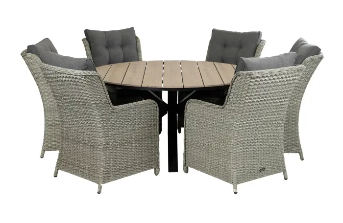 Dublin ronde tuinset-7 delige tuinset-dublin tuinstoel vast-Mystic Grey-polywood tuintafel-wicker-aluminium frame