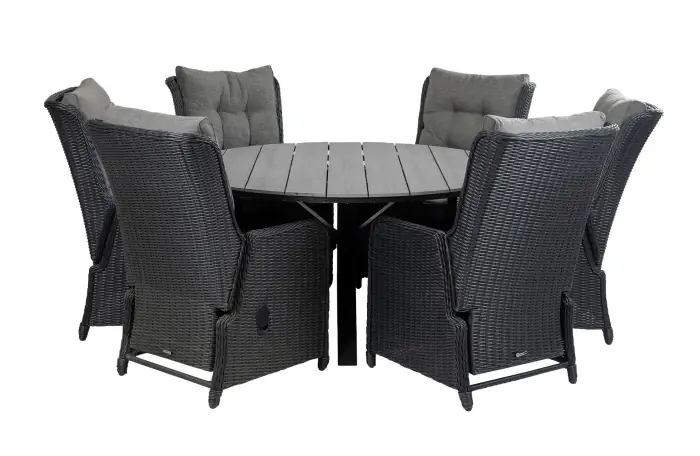Dublin ronde tuinset-7 delige tuinset-Dublin verstelbare tuinstoel-black-polywood-wicker vlechtwerk