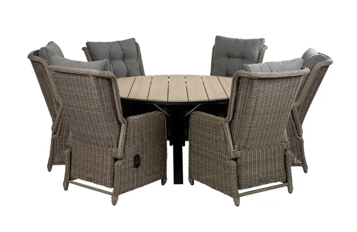 Dublin ronde tuinset-7 delige tuinset-verstelbare tuinstoel-Sweet Brown-polywood tuintafel-wicker vlechtwerk-aluminium frame