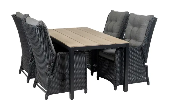 Dublin tuinset-5 delige tuinset-Dublin verstelbare tuinstoel-Black-polywood tuintafel-wood kleur-wicker vlechtwerk