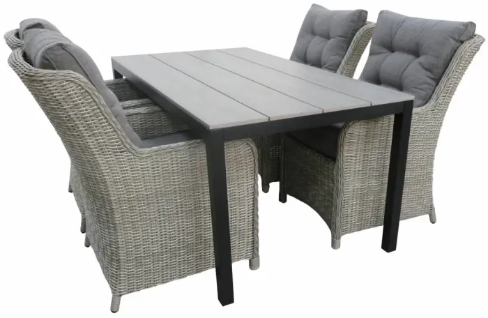 Dublin tuinset 7 delig-6 Dublin tuinstoelen-Mystic Grey-wicker-aluminium frame-polywood tuintafel-schuin
