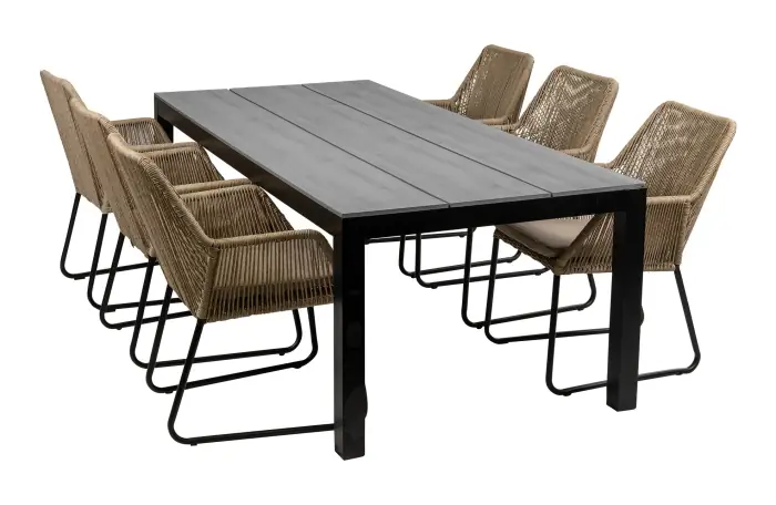 Mona 7 delige tuinset-Cyprus tuintafel-grey kleur tuintafel-Rope tuinstoel-Sand kleur tuinstoel-aluminium frame
