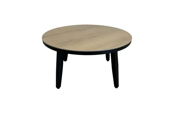 Mykonos ronde bijzettafel hout zwart 90cm - ronde houtlook bijzettafels kunststof - 4 Seizoenen Tuinmeubelen