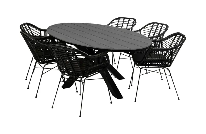 Oslo ovale tuinset-7 delige tuinset-Oslo tuinstoel black-rond wicker vlechtwerk-polywood tuintafel-grey kleur tafelblad-aluminium frame
