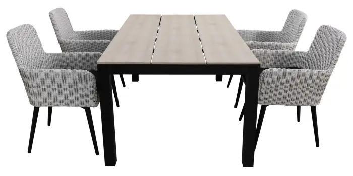Pisa tuinset-5 delige tuinset-Pisa tuinstoel grey-rond wicker vlechtwerk-aluminium frame-polywood tuintafel-wood kleur