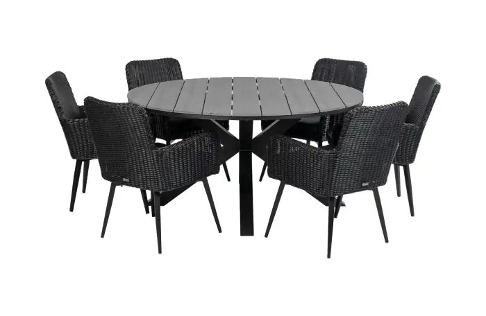 Pisa tuinset-7 delige tuinset-Pisa tuinstoel-black-polywood tuintafel-wood kleur-wicker vlechtwerk-aluminium frame