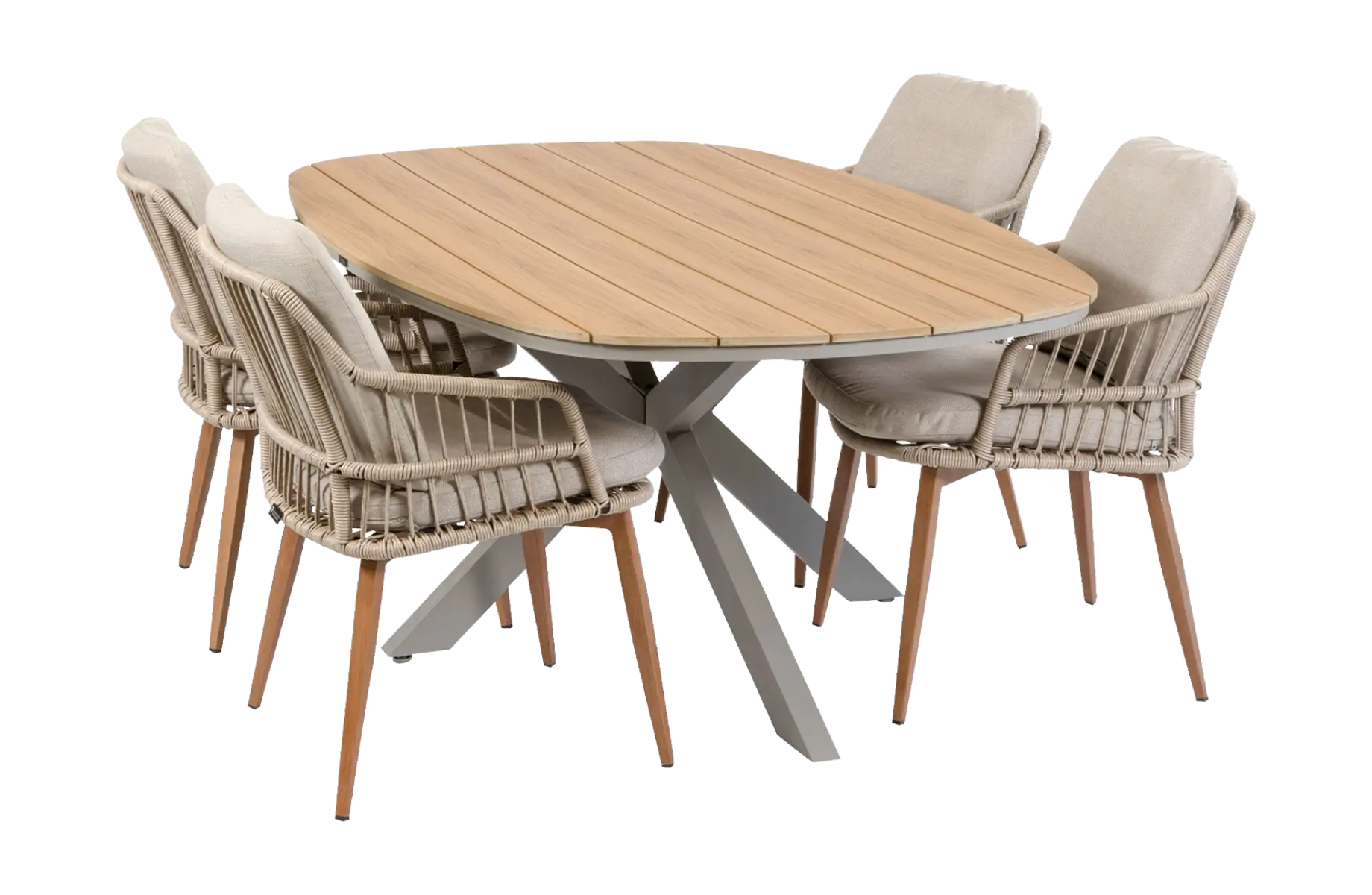 5-delige tuinset | 4 Isabel tuinstoelen (Sand/Wood) | Tuintafel Cadiz 180x115cm (Camel)