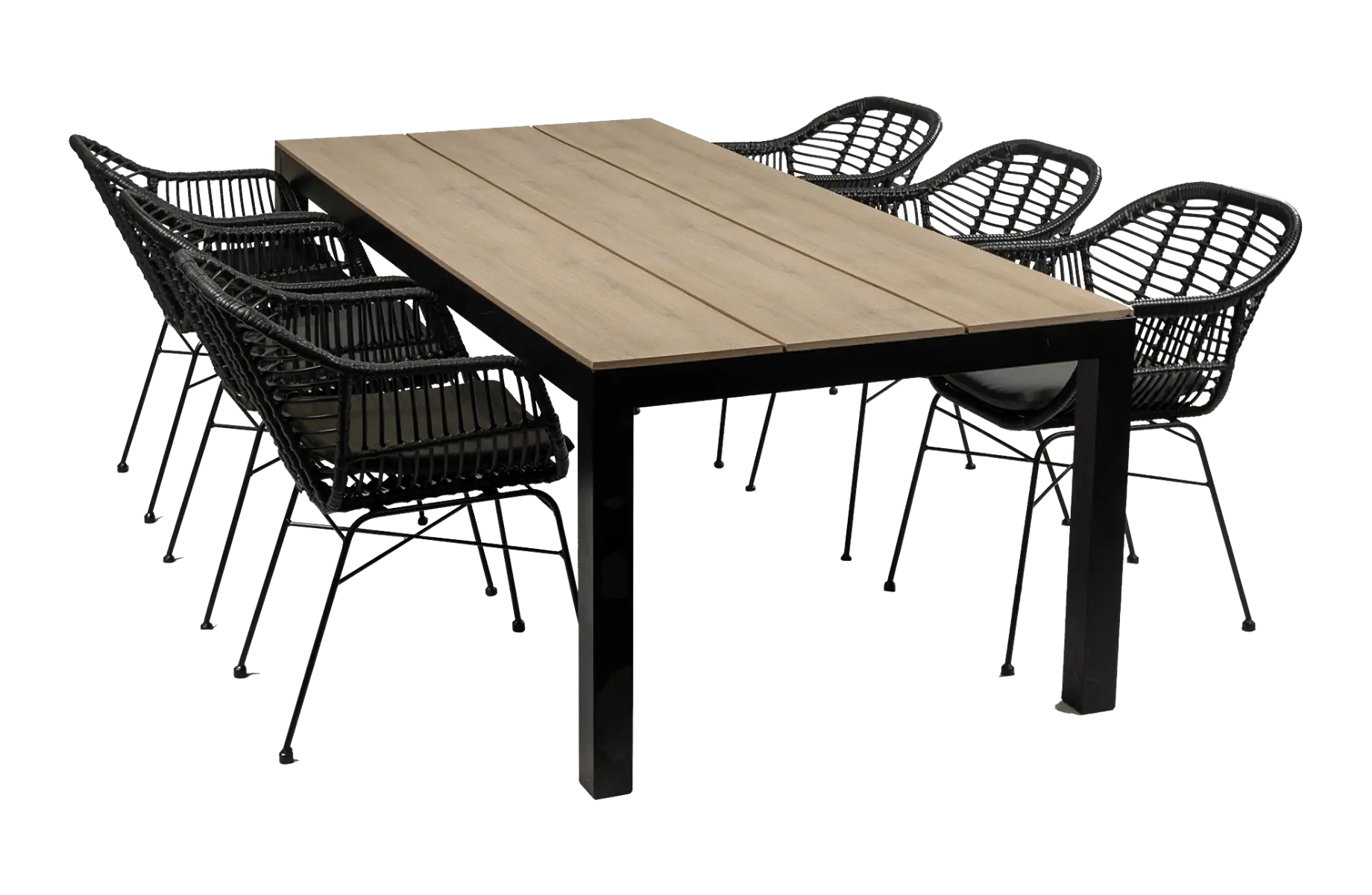 7-delige tuinset | 6 Oslo dining tuinstoelen (Black) | 225cm Cyprus tuintafel (Wood)