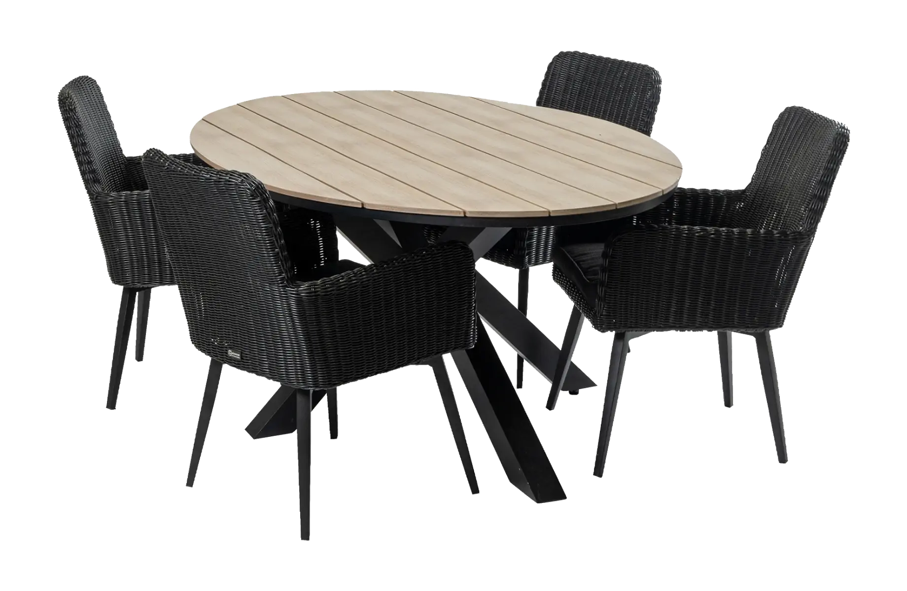 5-delige tuinset | 4 Pisa tuinstoelen (Black) | 180cm ovale Cyprus tuintafel (Wood)