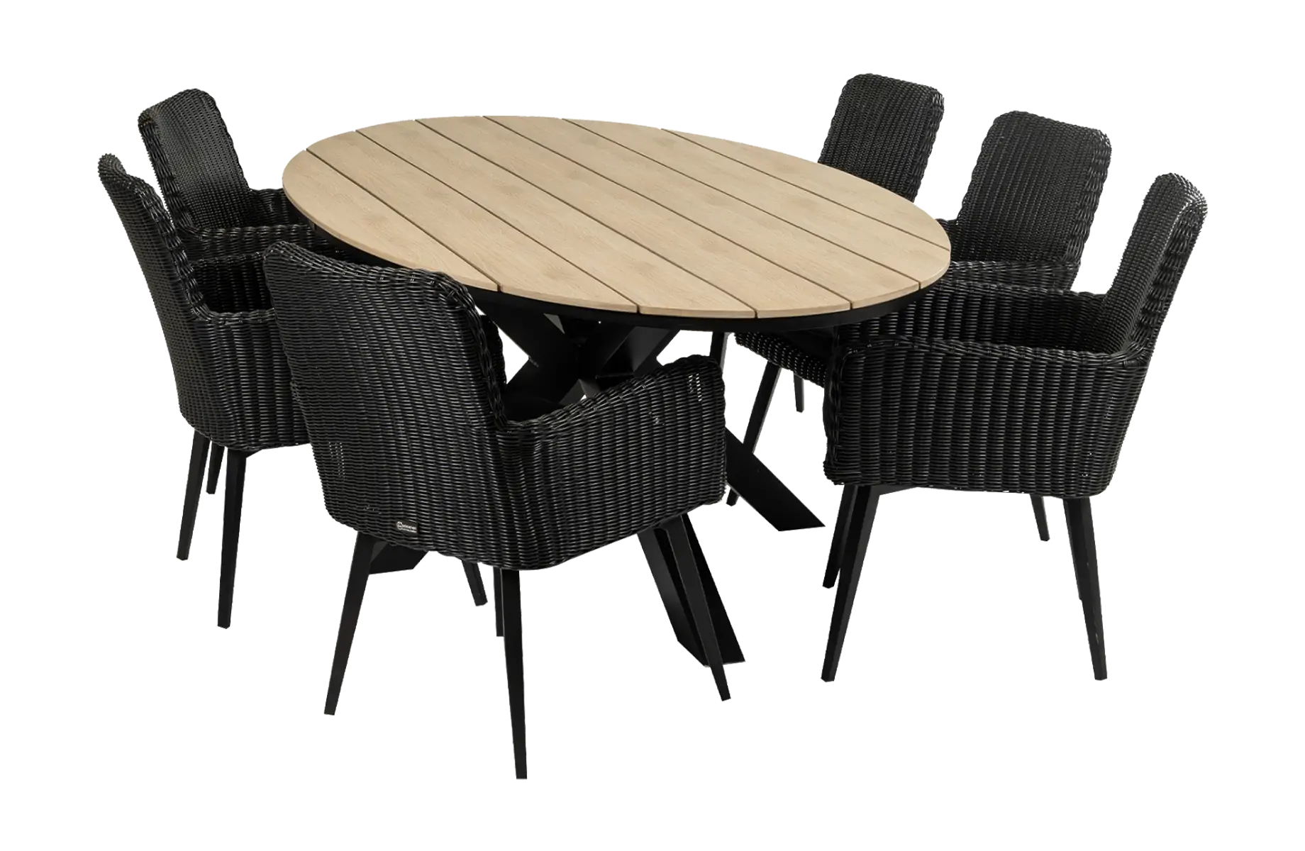 7-delige tuinset | 6 Pisa tuinstoelen (Black) | 220cm ovale Cyprus tuintafel (Wood)
