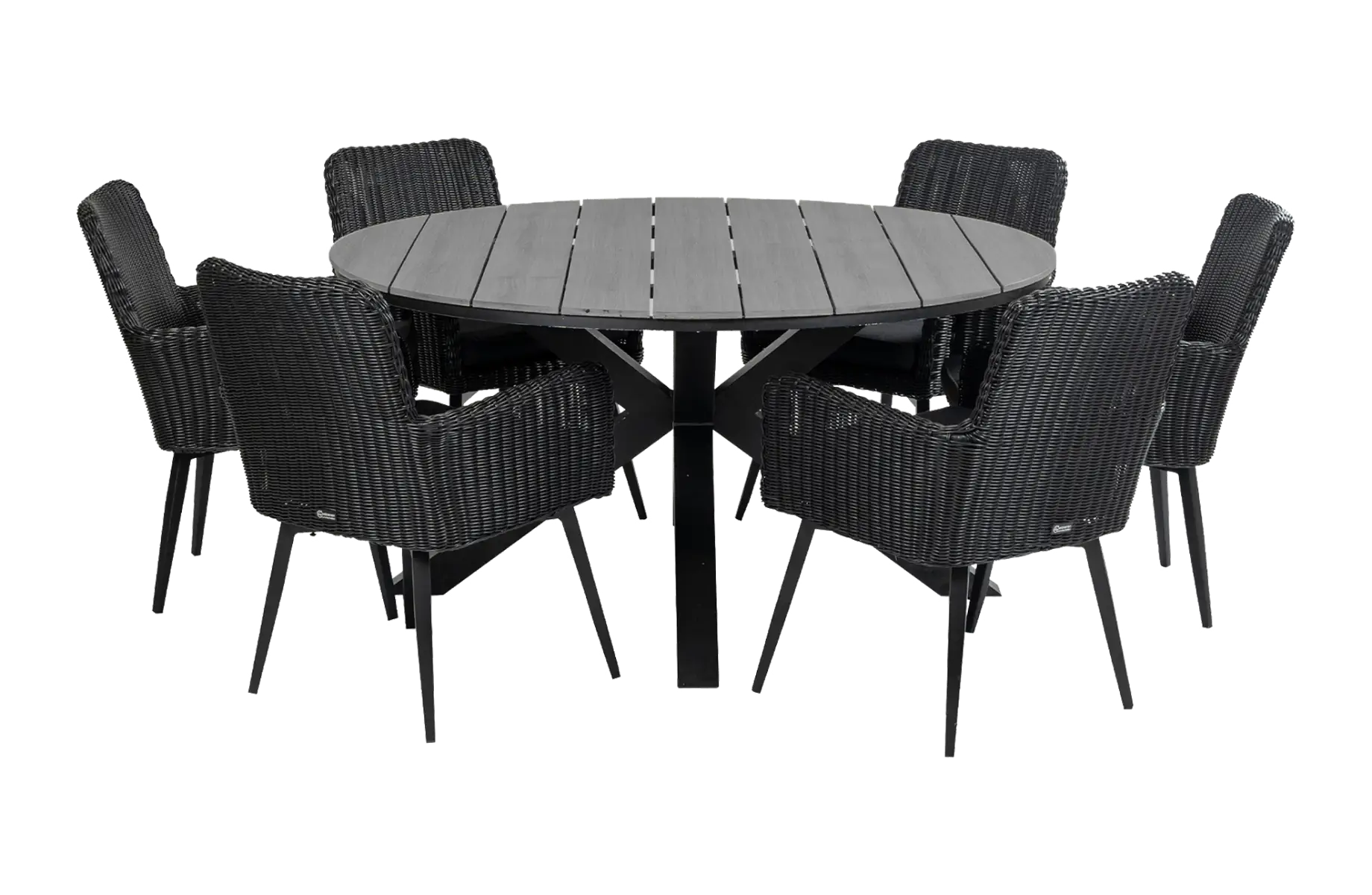 7-delige ronde tuinset | 6 Pisa tuinstoelen (Black) | ⌀150cm Cyprus tuintafel (Grey)
