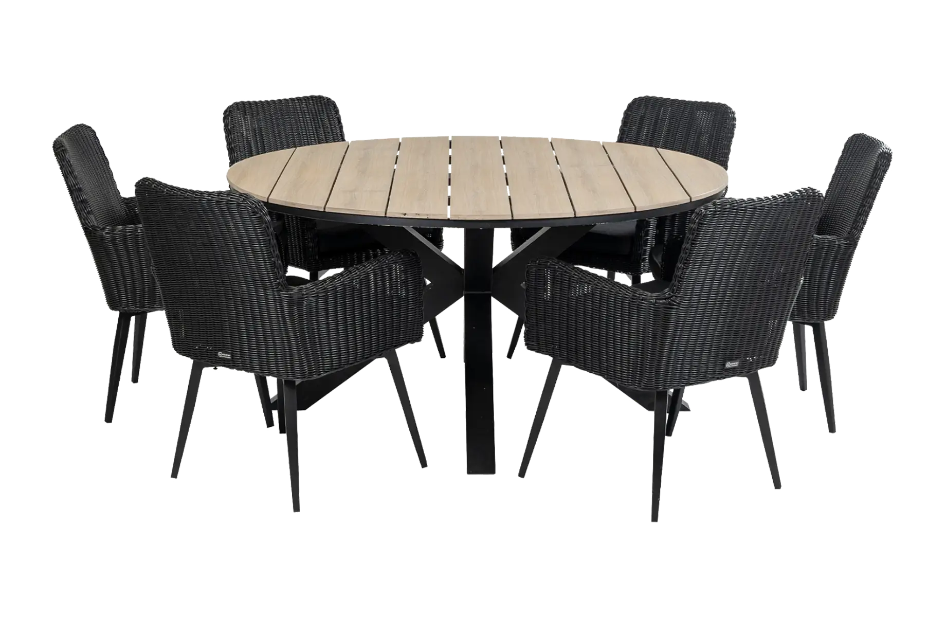 7-delige ronde tuinset | 6 Pisa tuinstoelen (Black) | ⌀150cm Cyprus tuintafel (Wood)
