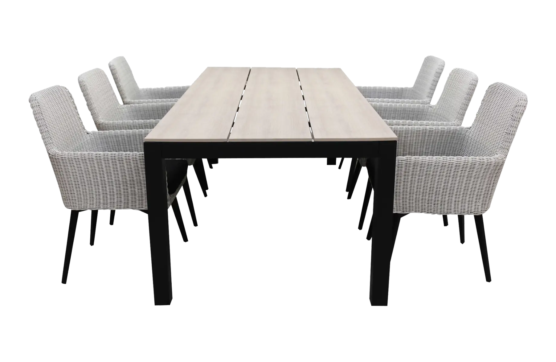 7-delige tuinset | 6 Pisa stoelen (White) | 225cm Cyprus tuintafel (Wood)