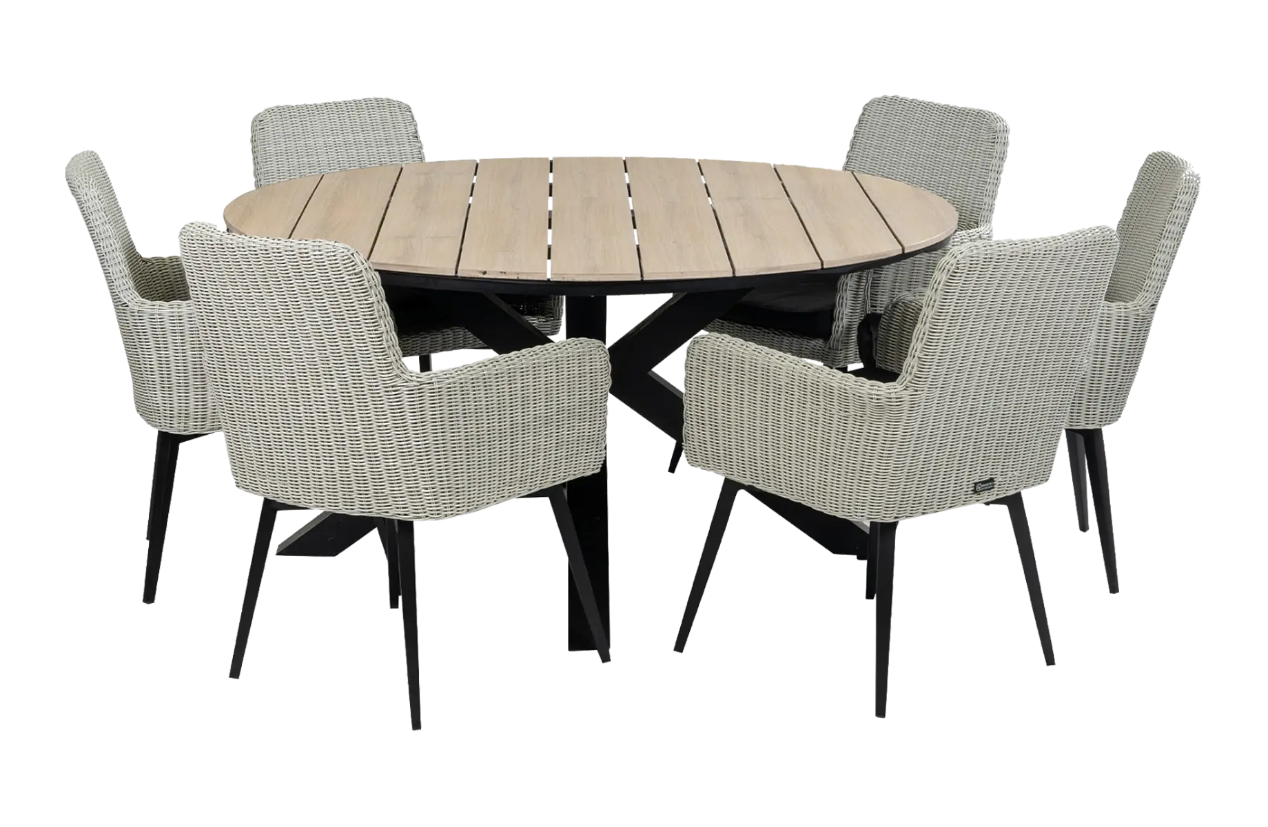 7-delige ronde tuinset | 6 Pisa tuinstoelen (White) | ⌀150cm Cyprus tuintafel (Wood)